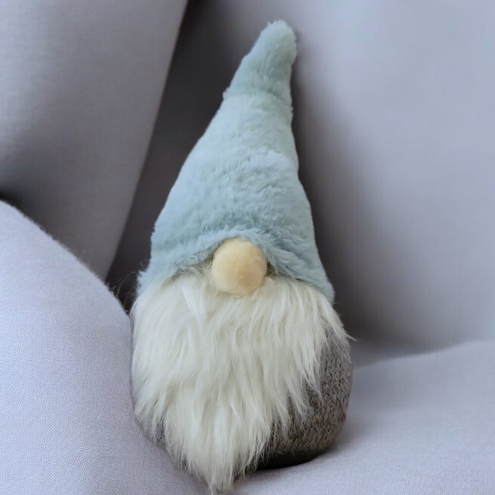 Large 13โ Plush Gnome Decor Light Blue Hat Faux Fur Beard Weighted Shelf Figure - Picture 2 of 5